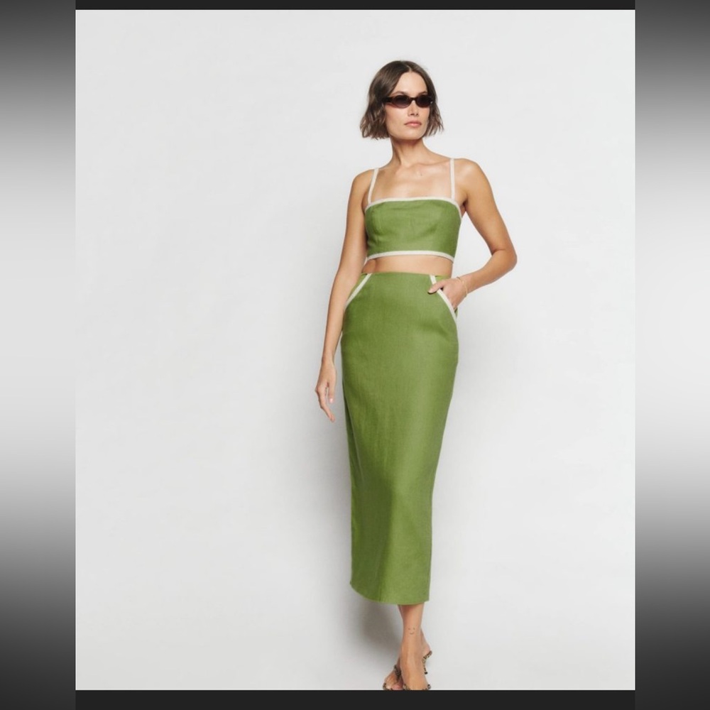 Reformation Elena Two Piece Linen Avocado Set Size 6